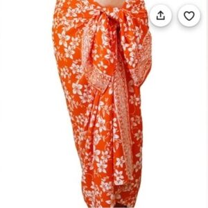 Hawaiian Batik Print Tangerine Orange White Large Beach Wrap Skirt Shawl Rayon